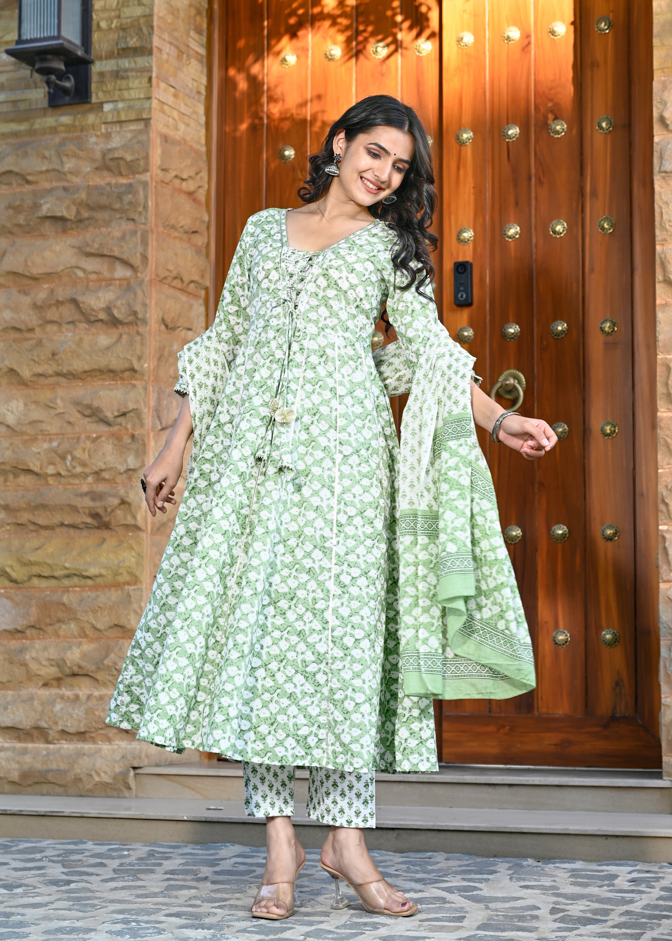 INFINITY GREEN HAND CRAFTED COTTON KALIDAR SUIT SET