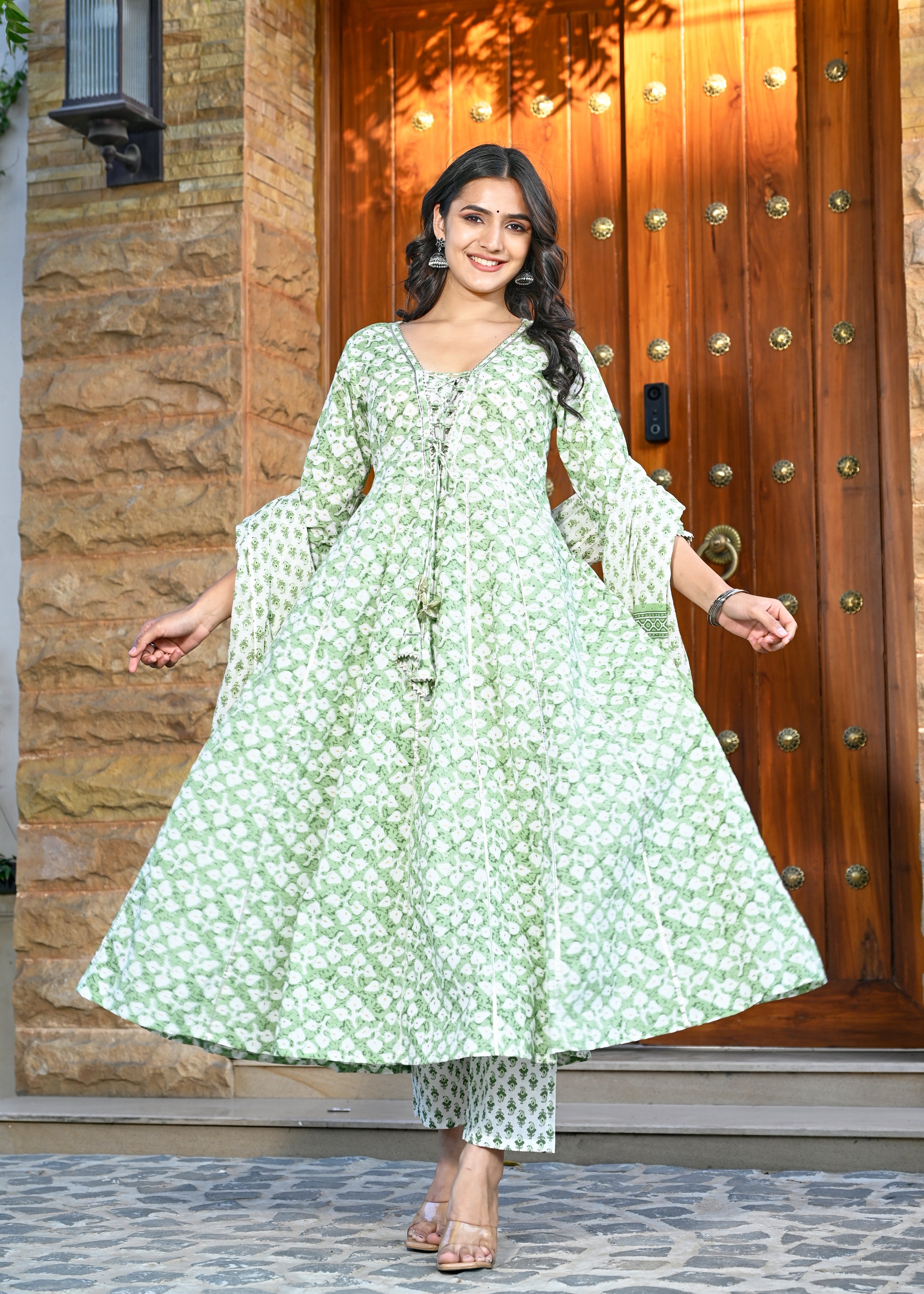 INFINITY GREEN HAND CRAFTED COTTON KALIDAR SUIT SET