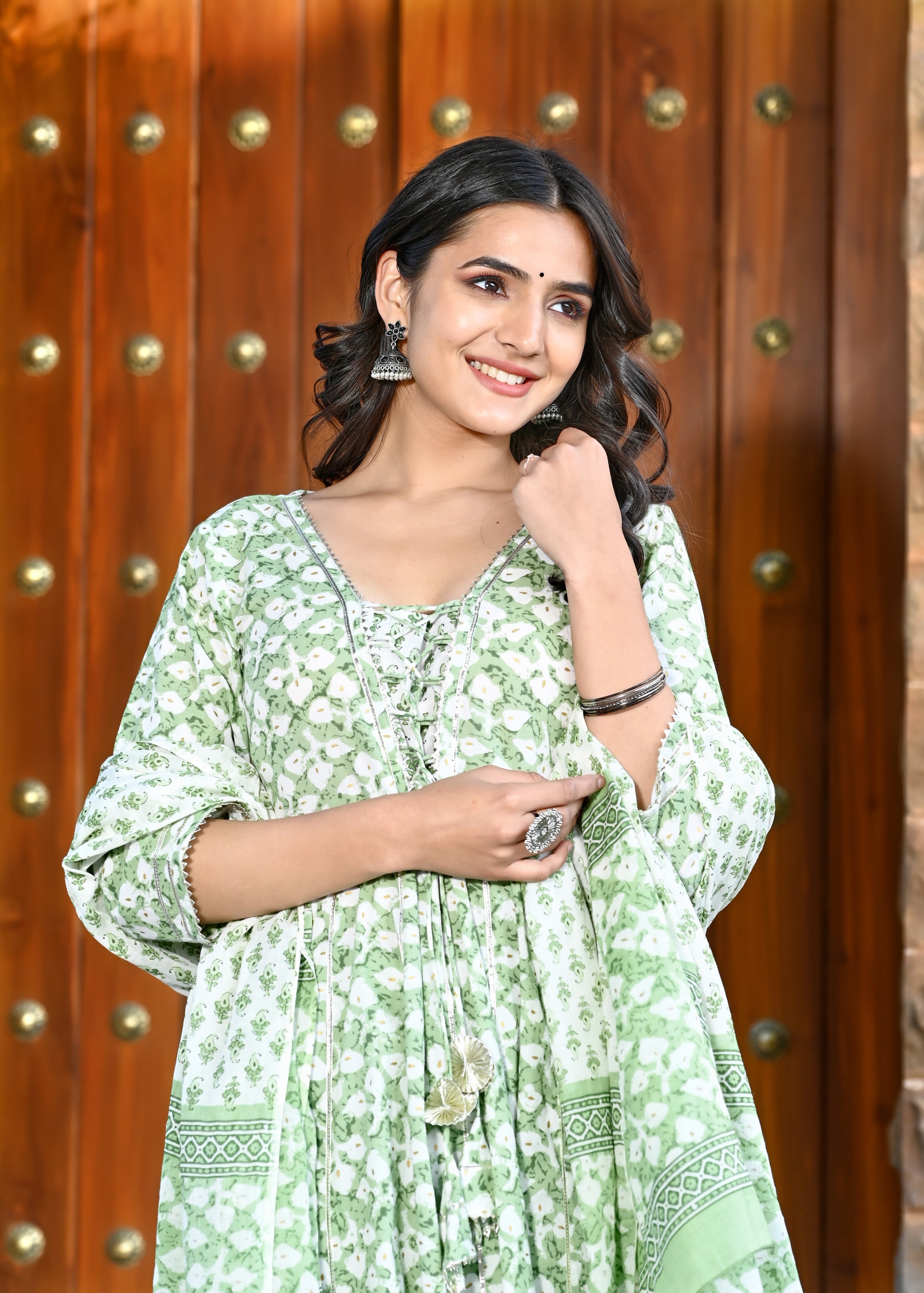 INFINITY GREEN HAND CRAFTED COTTON KALIDAR SUIT SET