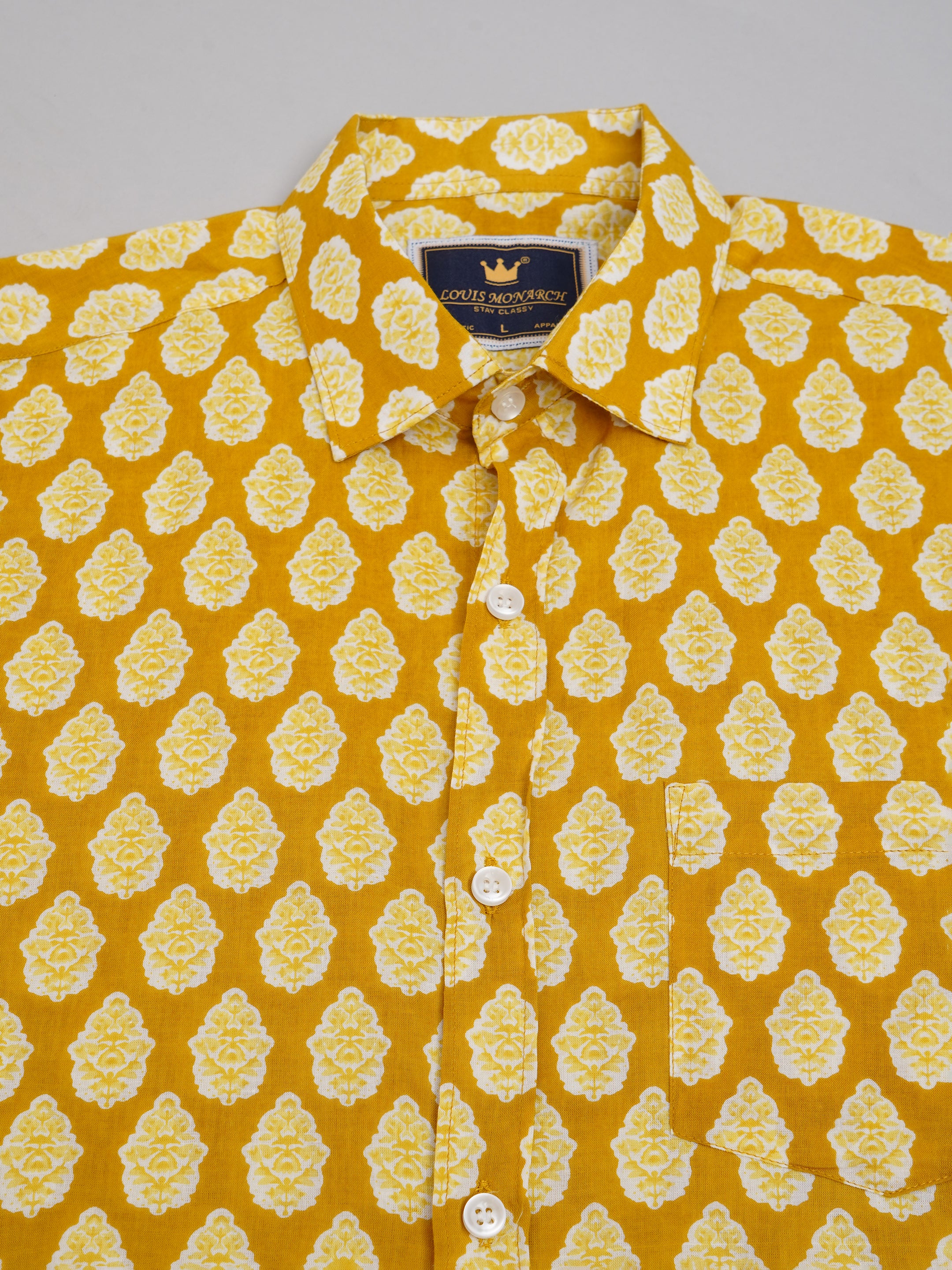 Louis Monarch Premium Jaipuri Printed Cotton Yellow Half Sleeve Casual Shirt